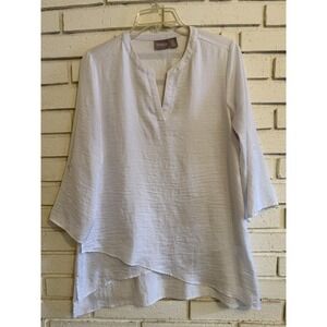 Chico's‎ 0 Top Size Sm White V-neck Crossover Layered Front Roll Tab Slv Blouse
